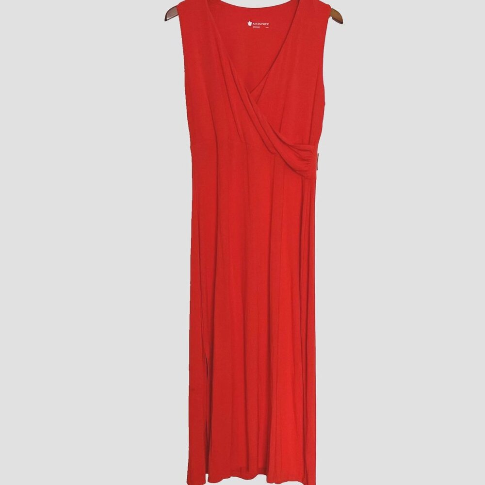 Kiragrace dress L Orange Red V Neck Sleeveless Maxi Wrap NWT